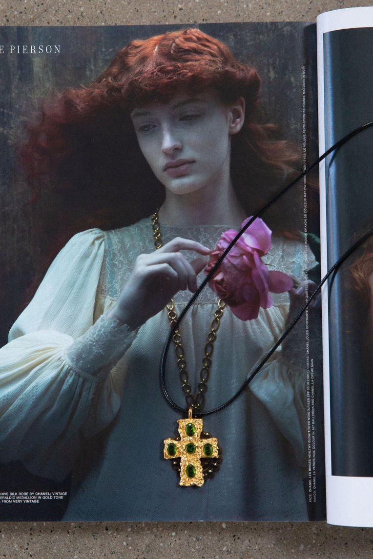 Green zircon 18k gold plated non-tarnish cross charm necklace. Adjustable rope necklace with lobster clasp.&nbsp;