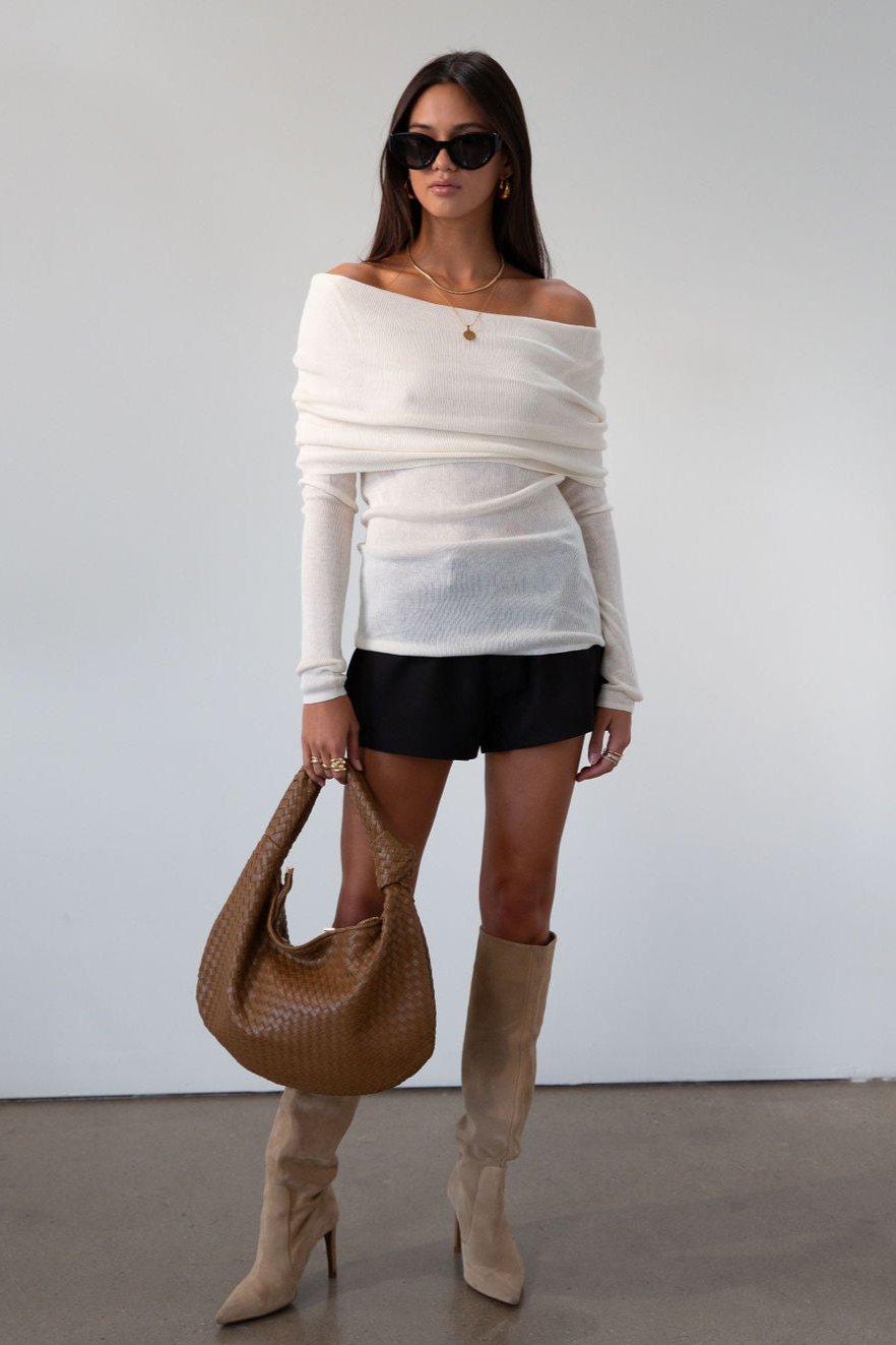 Ivory Ribbed knit sweater. Folded off the shoulder neckline. Long sleeves. Unlined. cream sweater. white sweater. fall outfit