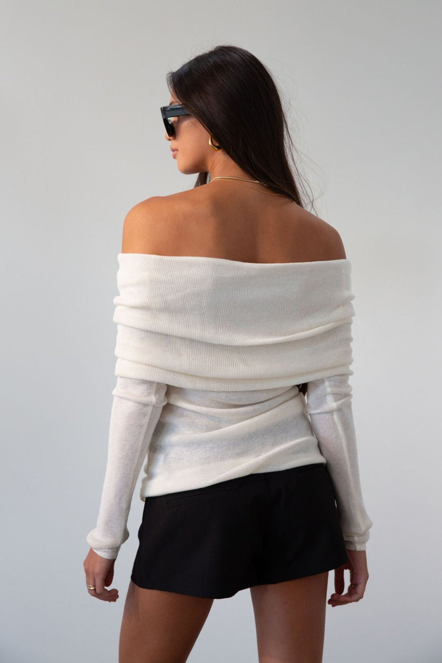Ivory Ribbed knit sweater. Folded off the shoulder neckline. Long sleeves. Unlined. cream sweater. white sweater. fall outfit