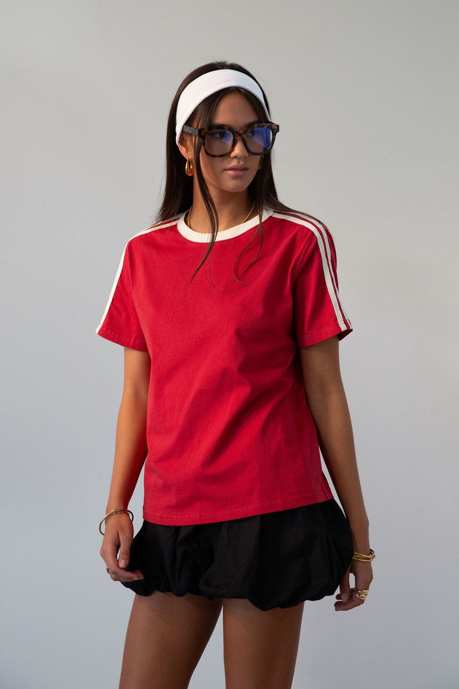red Knit tee. Crewneck. Striped short sleeves. Unlined. red tee. red tshirt