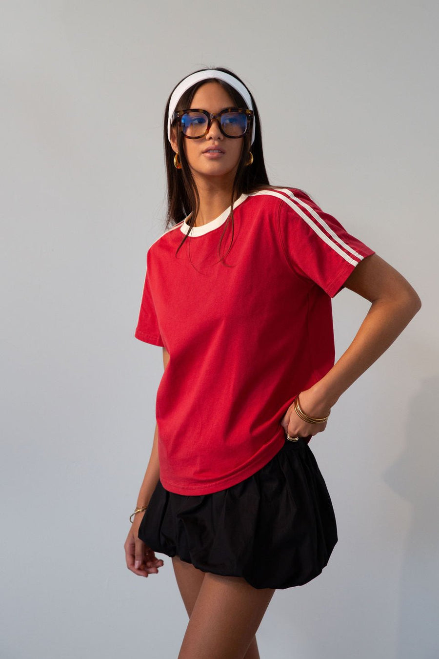 red Knit tee. Crewneck. Striped short sleeves. Unlined. red tee. red tshirt