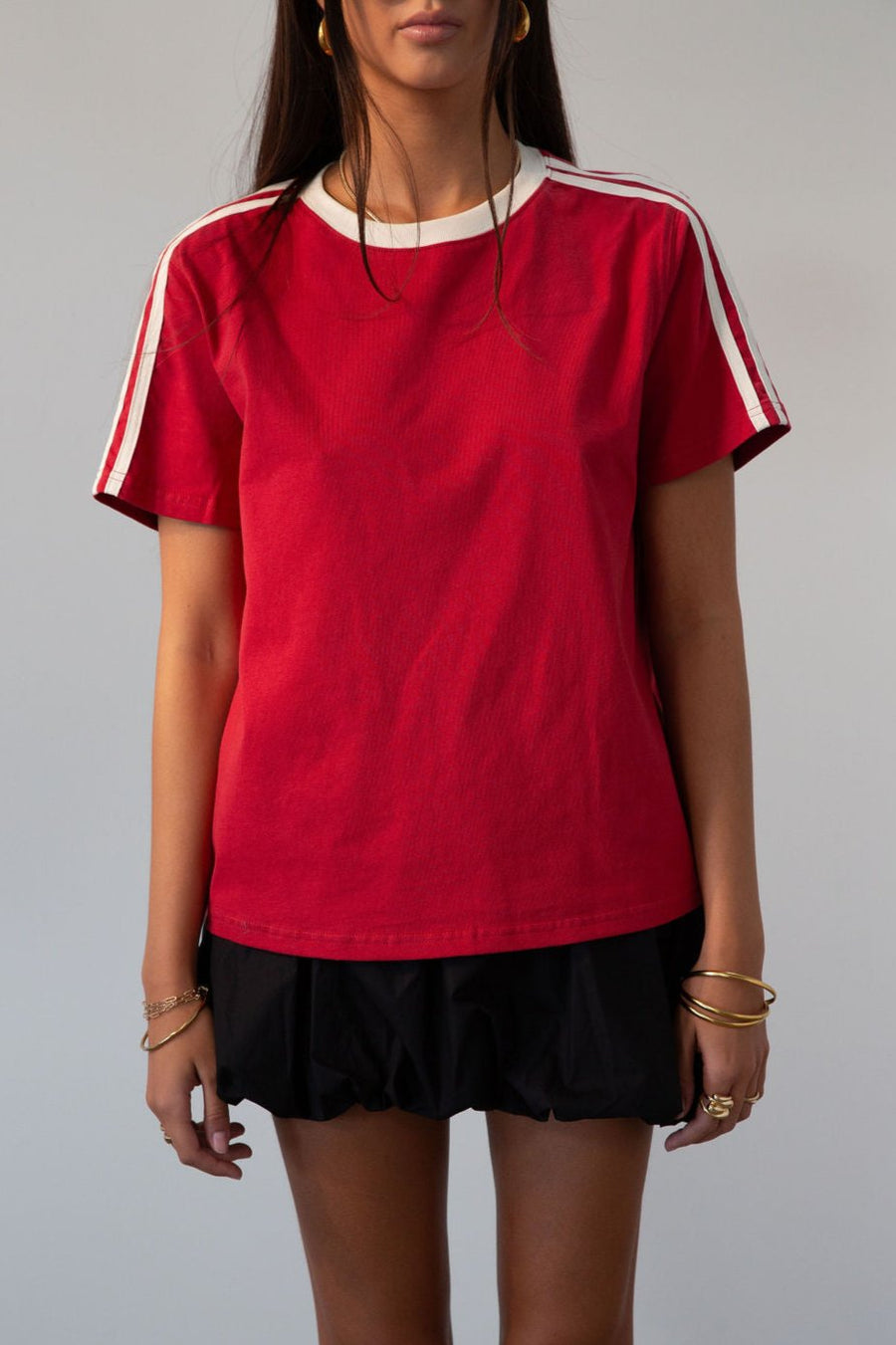 red Knit tee. Crewneck. Striped short sleeves. Unlined. red tee. red tshirt