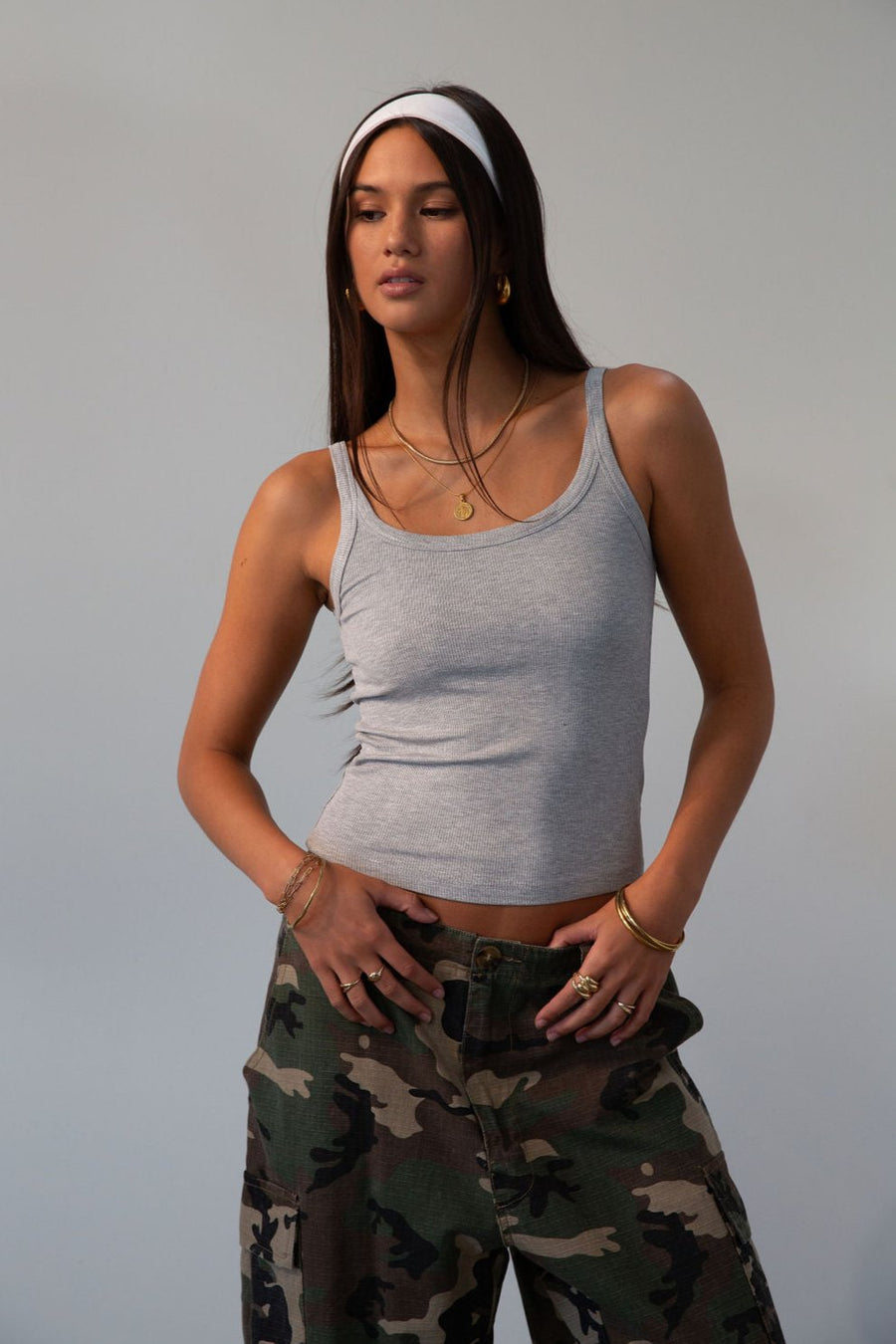 grey Ribbed knit tank top. Elastic neckline. Unlined. Basic tank top. grey tank top