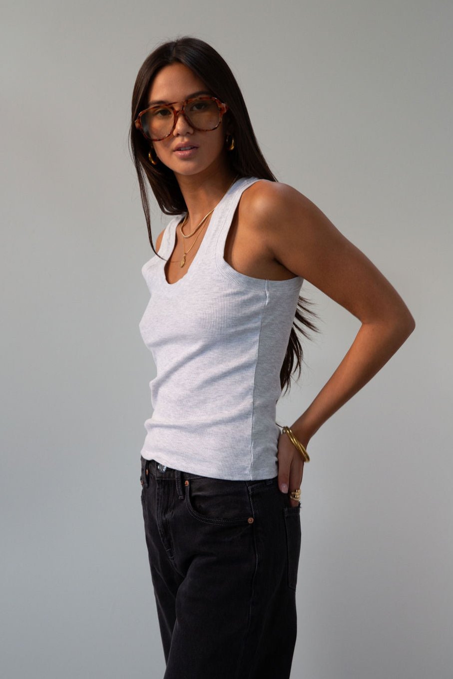 Ribbed knit racerback tank. Unlined. GREY TANK TOP. GREY BASIC TANK TOP.