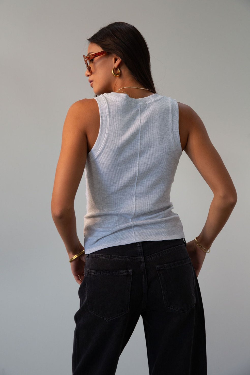 Ribbed knit racerback tank. Unlined. GREY TANK TOP. GREY BASIC TANK TOP.