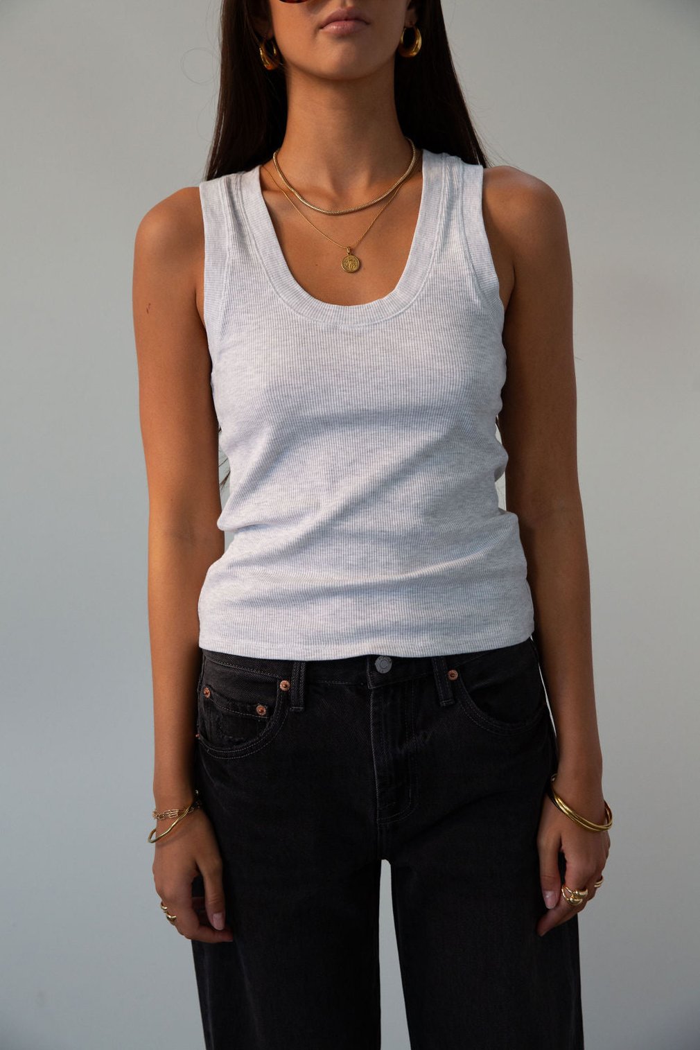 Ribbed knit racerback tank. Unlined. GREY TANK TOP. GREY BASIC TANK TOP.