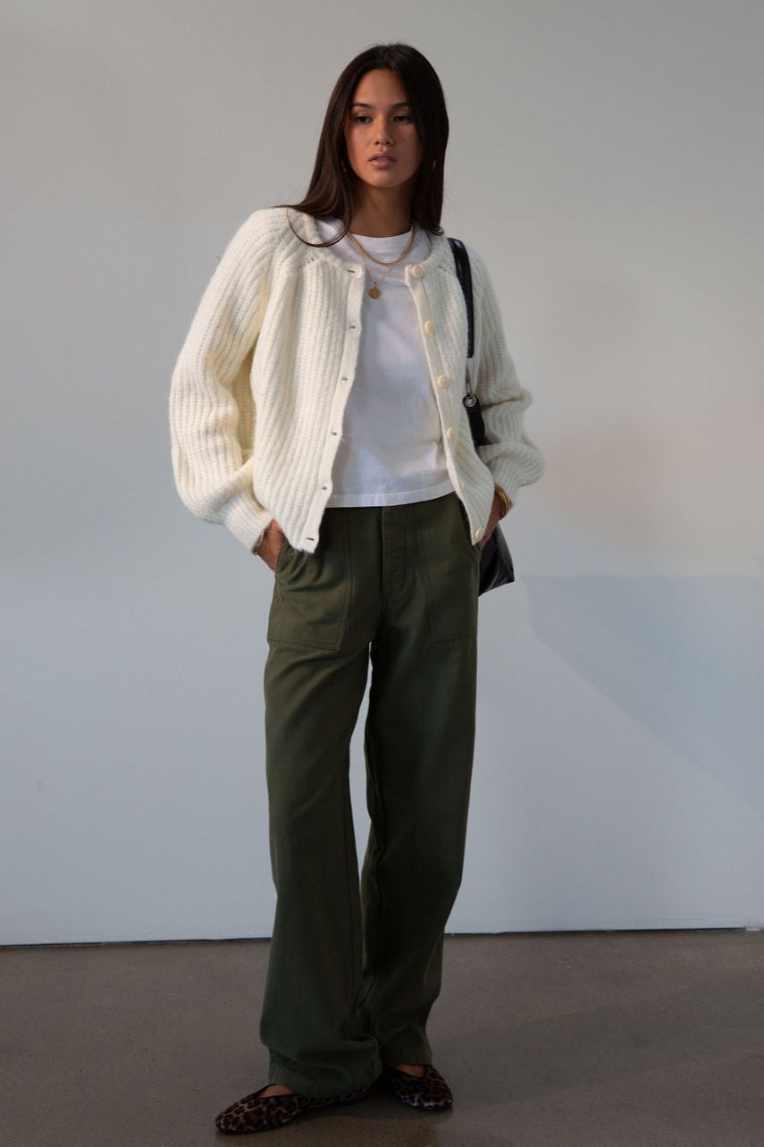 Woven utility pants. Button fly. Four pocket construction. Unlined. green pants. fall outfit.