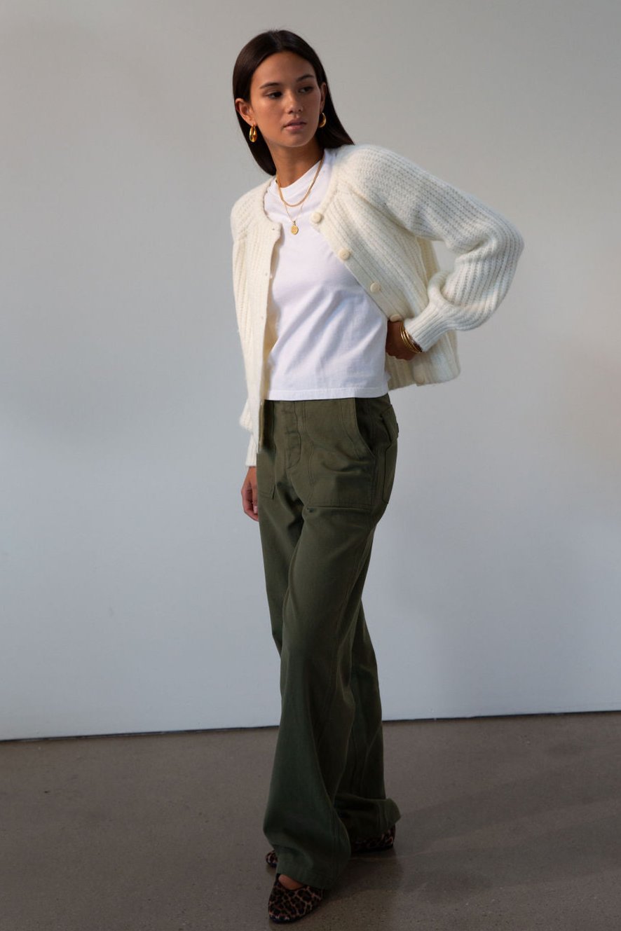 Woven utility pants. Button fly. Four pocket construction. Unlined. green pants. fall outfit.