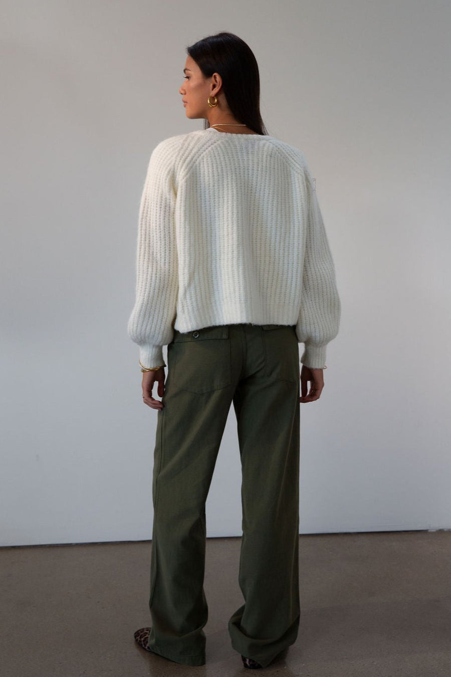 Woven utility pants. Button fly. Four pocket construction. Unlined. green pants. fall outfit.