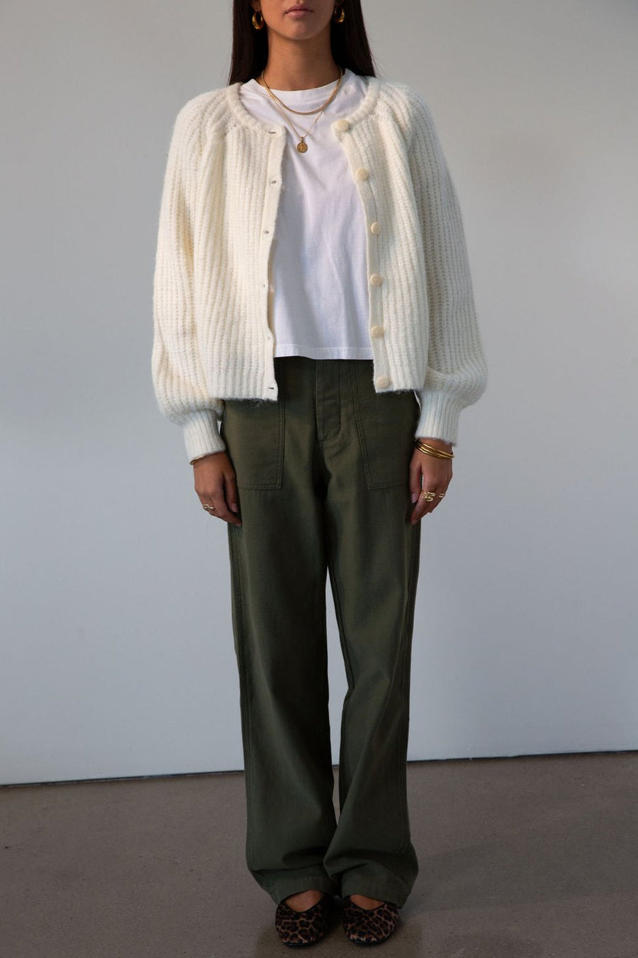 Woven utility pants. Button fly. Four pocket construction. Unlined. green pants. fall outfit.