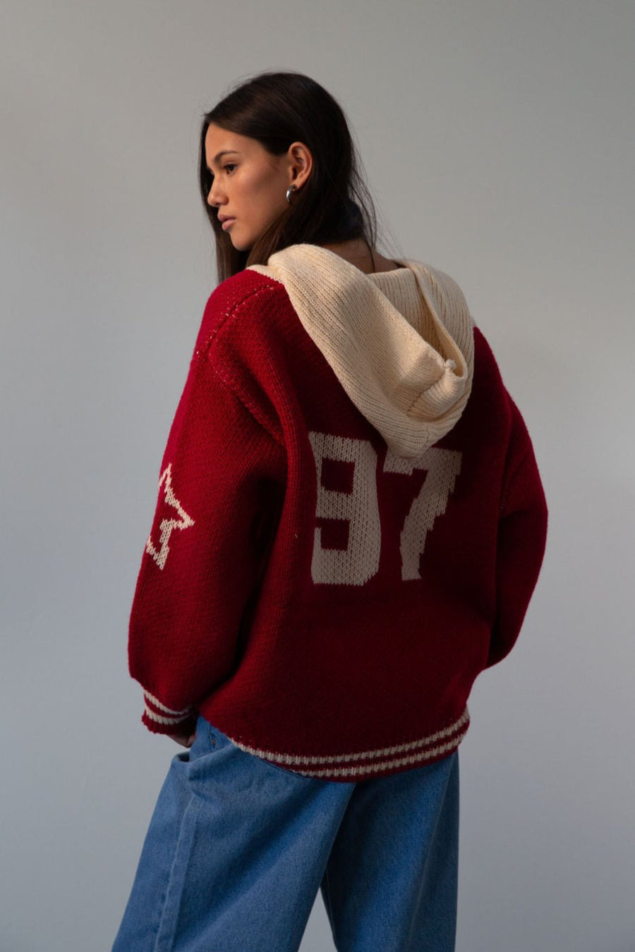 Fuzzy crochet knit sweater. Hoodie. Exposed front zipper closure. Front pockets. Unlined. red sweater. fall outfit. red zip up sweater