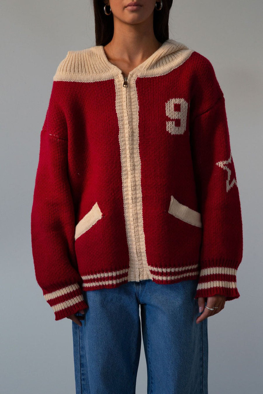 Fuzzy crochet knit sweater. Hoodie. Exposed front zipper closure. Front pockets. Unlined. red sweater. fall outfit. red zip up sweater