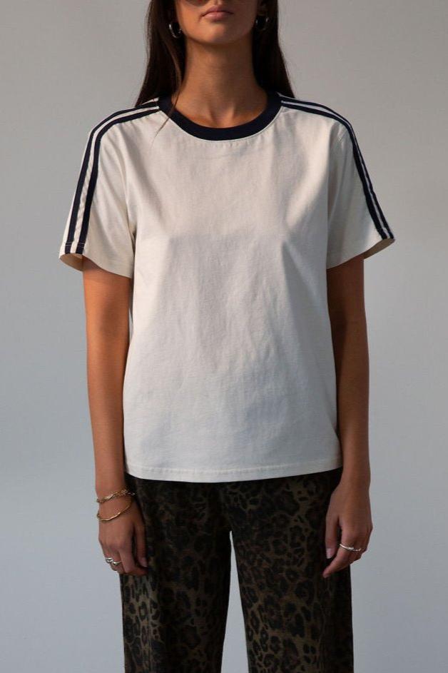 Knit tee. Crewneck. Striped short sleeves. Unlined. basic tee. white basic tee. fall outfit. 