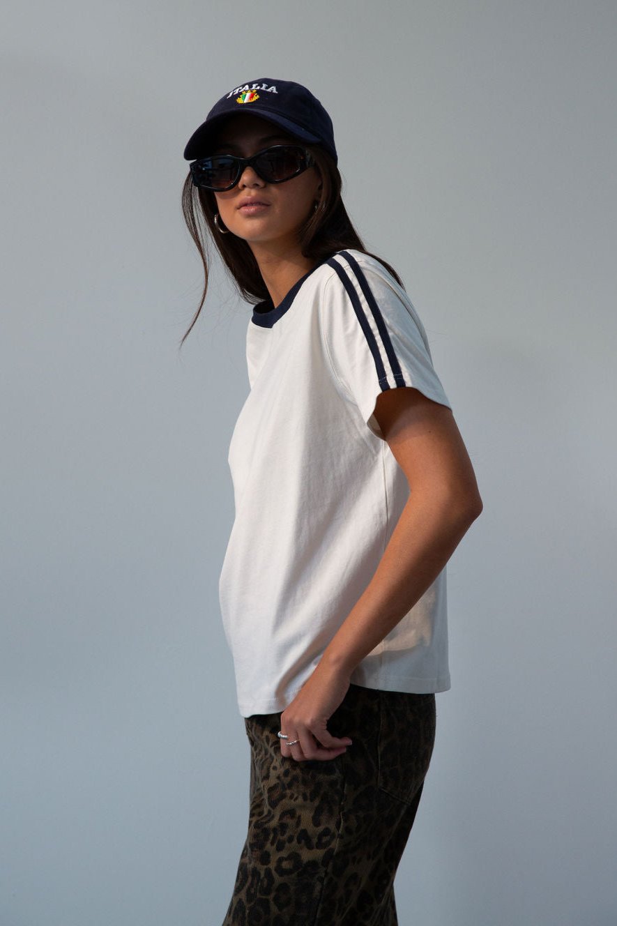 Knit tee. Crewneck. Striped short sleeves. Unlined. basic tee. white basic tee. fall outfit. 