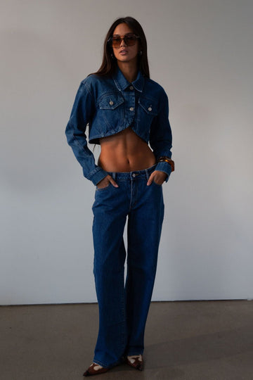 Straight leg jeans. Button and zipper fly. Five pocket construction. Unlined.