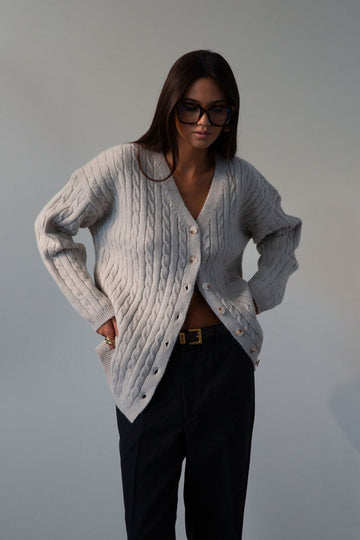 Fuzzy cable knit cardigan. Long sleeves. Front button down closures. Unlined. grey cardigan. grey sweater. fall outfit