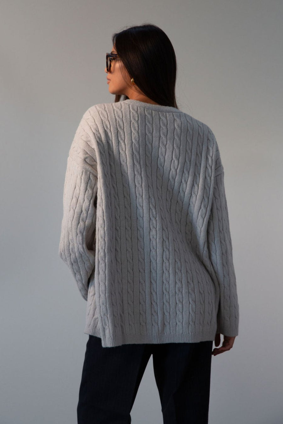Fuzzy cable knit cardigan. Long sleeves. Front button down closures. Unlined. grey cardigan. grey sweater. fall outfit