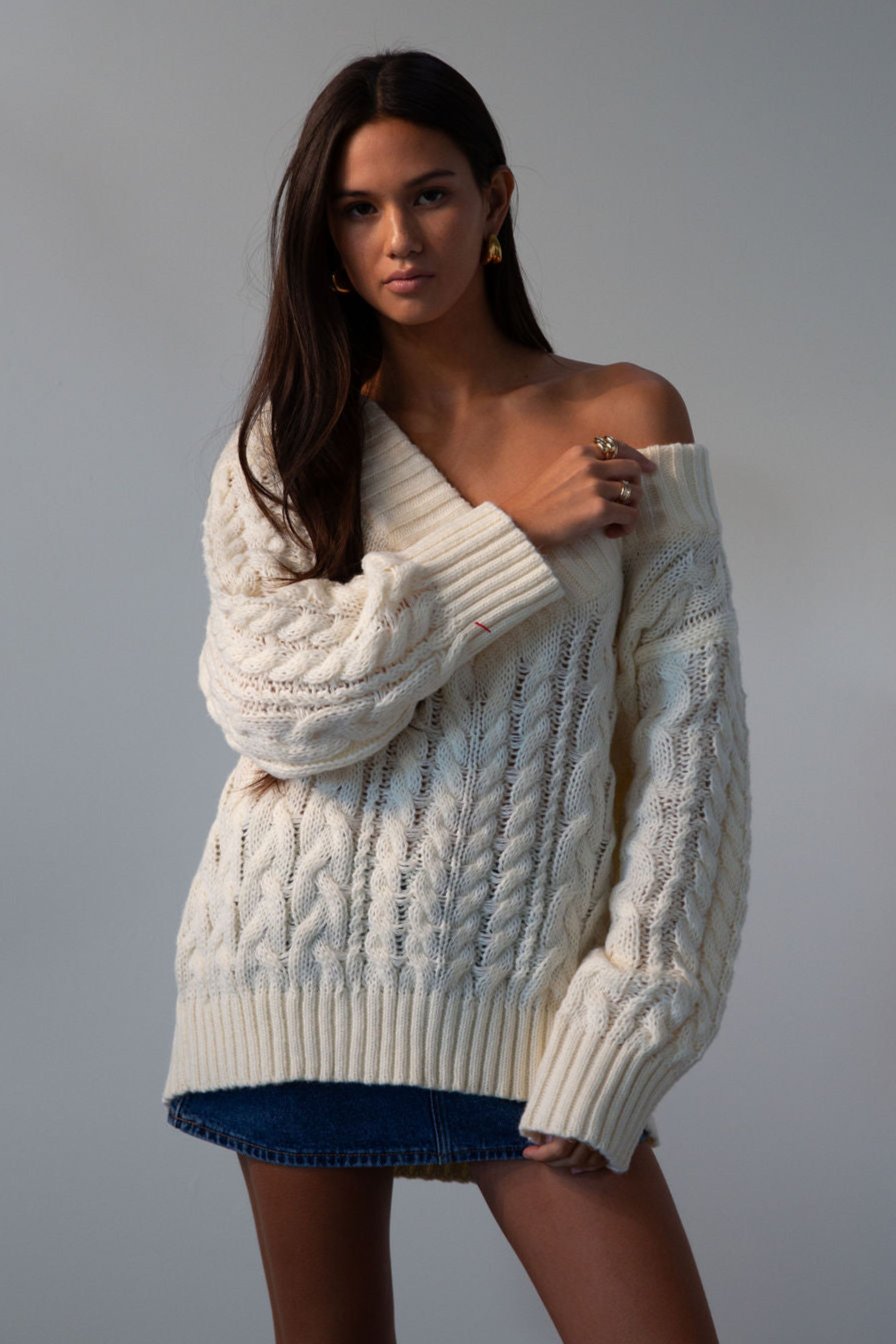 Cable knit sweater. V-neckline. Unlined/sheer. cream sweater. fall outfit.