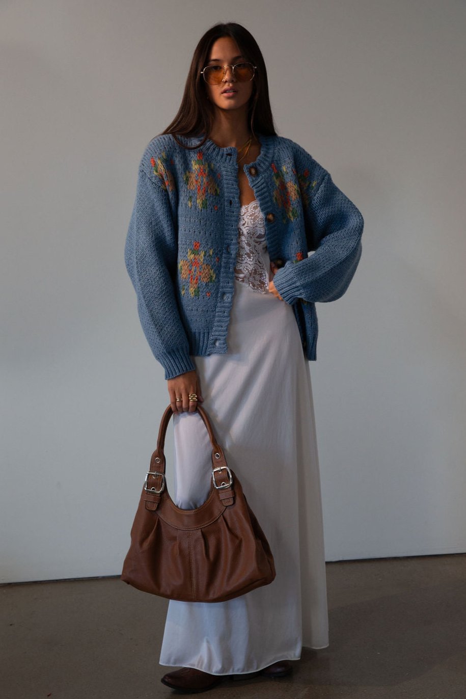 Crochet knit cardigan. Front button down closure. blue sweater cardigan. fall outfit. blue cardigan. blue sweater cardigan. grandma looking sweater