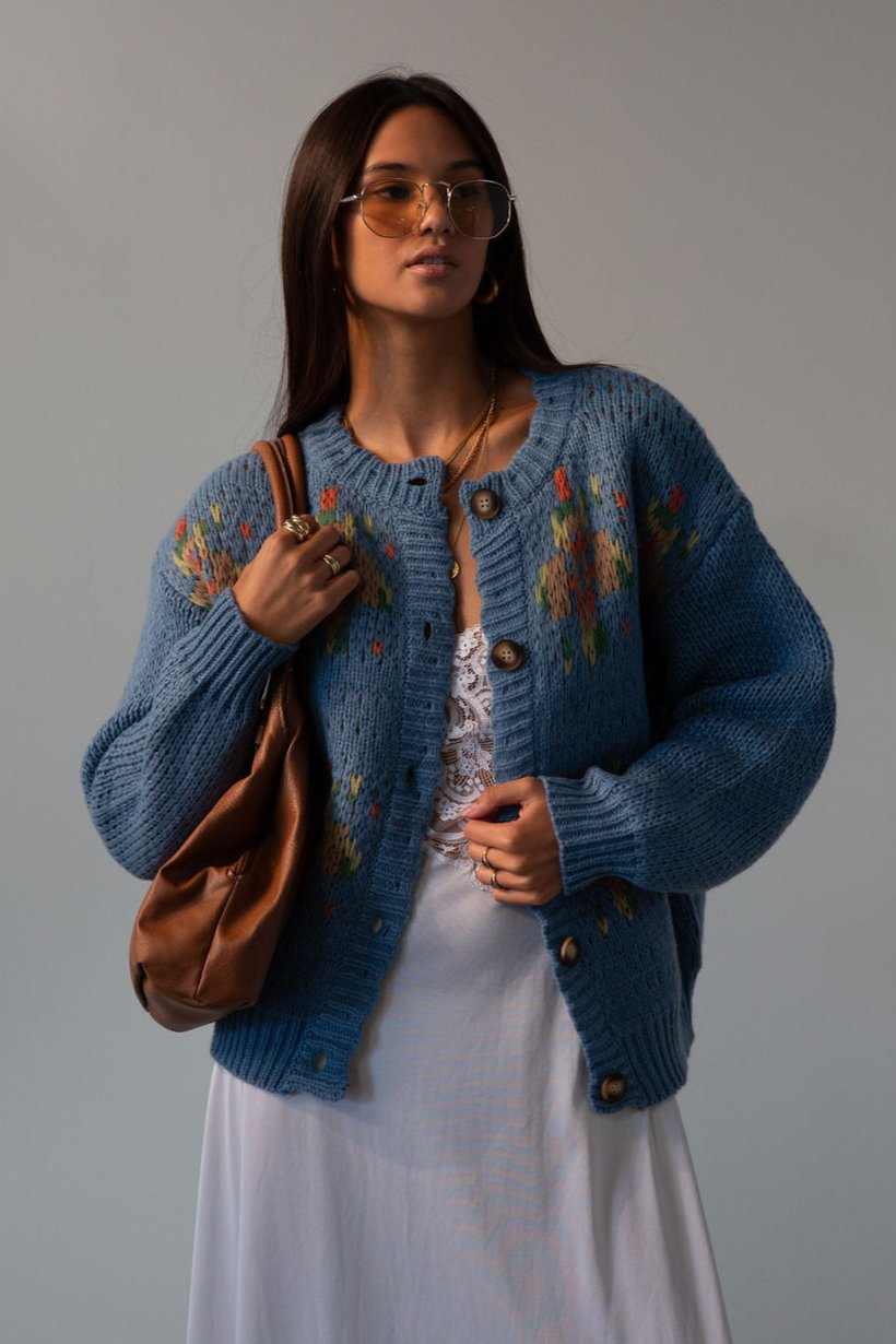 Crochet knit cardigan. Front button down closure. blue sweater cardigan. fall outfit. blue cardigan. blue sweater cardigan. grandma looking sweater