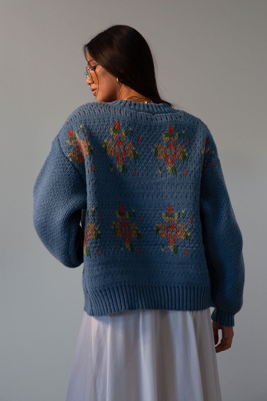 Crochet knit cardigan. Front button down closure. blue sweater cardigan. fall outfit. blue cardigan. blue sweater cardigan. grandma looking sweater