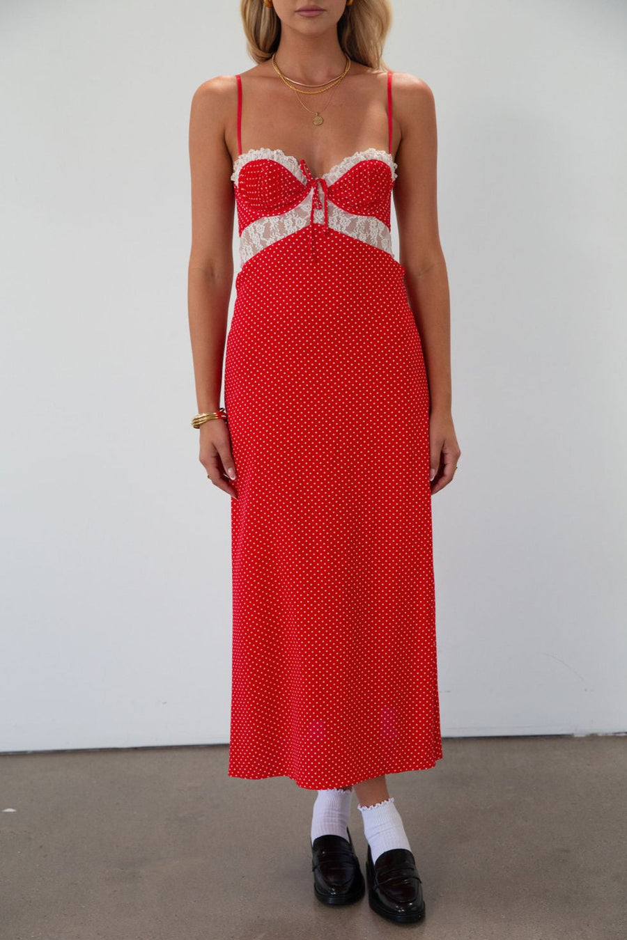 Polka dot printed woven maxi dress. Lace details. Adjustable straps. Underwire cups. Back hook and eyes and zipper closures. Unlined. red polka dot midi dress. summer dress. fall dress. 