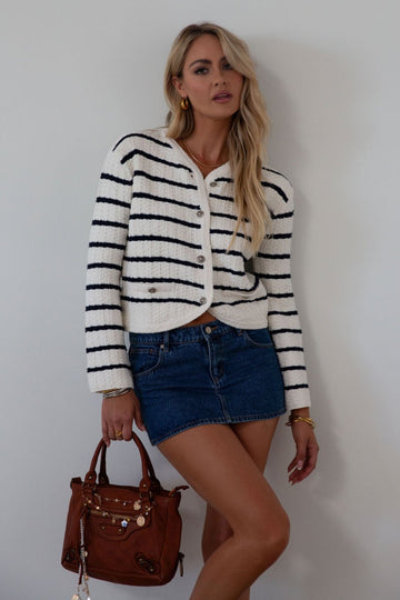 Striped crochet knit cropped cardigan. Front button down closure. Faux front pockets. Unlined. fall outfit. fall top. striped cardigan
 