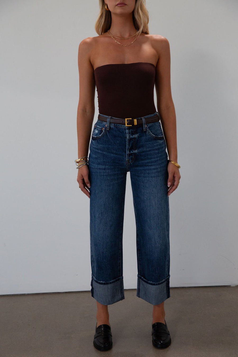 Faded high rise straight leg jean. Button fly. Five pocket construction. Cuffed hems. Unlined. pistola jeans. fall outfit. fall pants