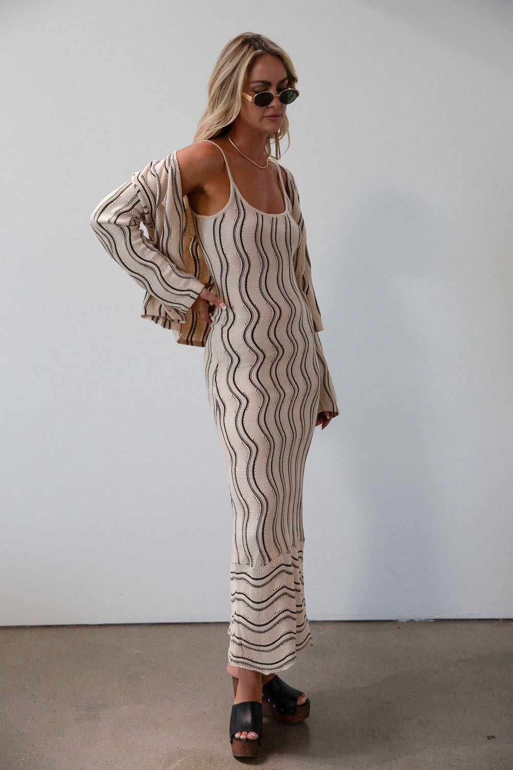 Striped crochet knit cropped cardigan. Long sleeves. Front button down closures. Unlined. Striped crochet knit cropped dress. knit set. fall set. fall outfit. 
