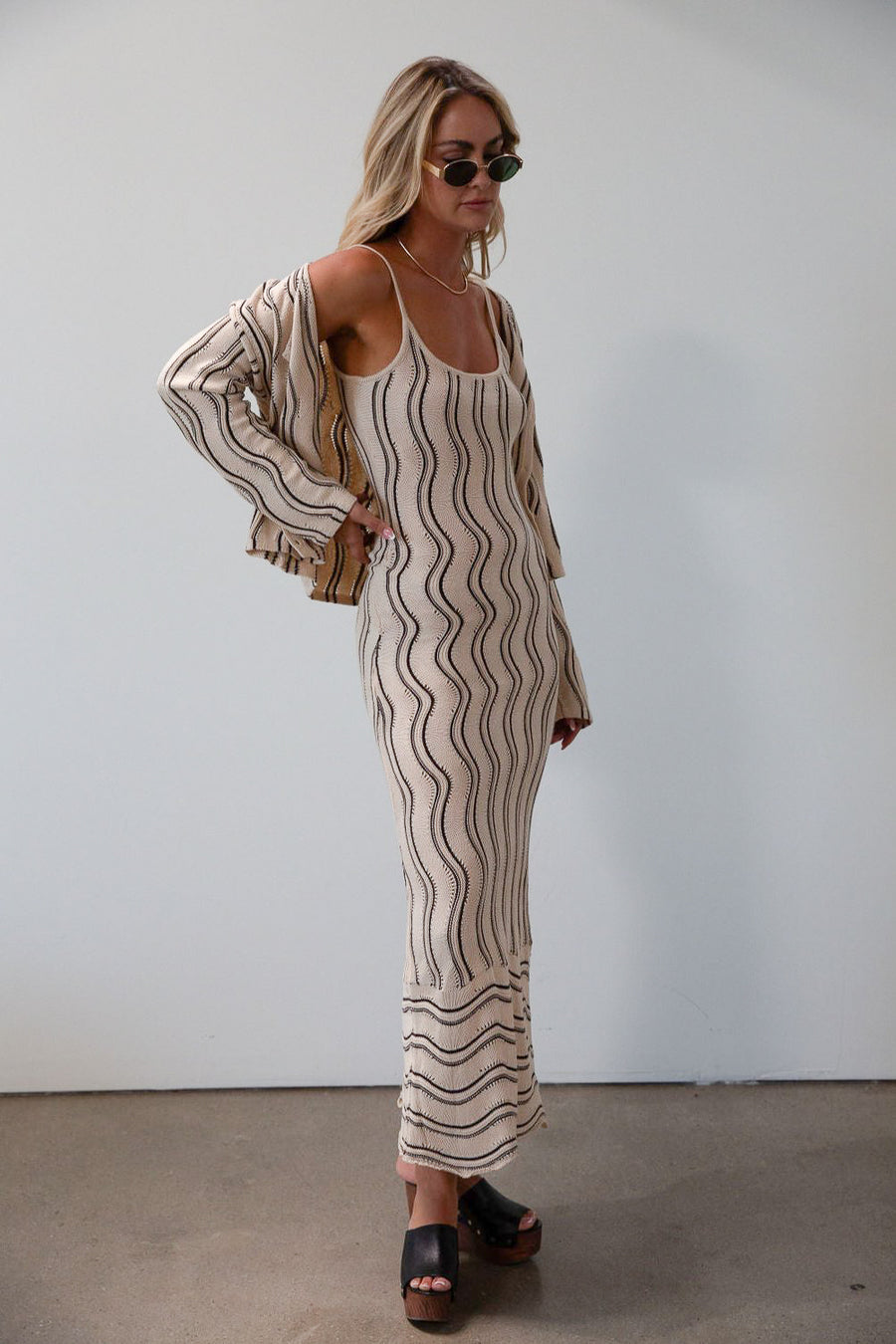 Striped crochet knit cropped cardigan. Long sleeves. Front button down closures. Unlined. Striped crochet knit cropped dress. knit set. fall set. fall outfit. 