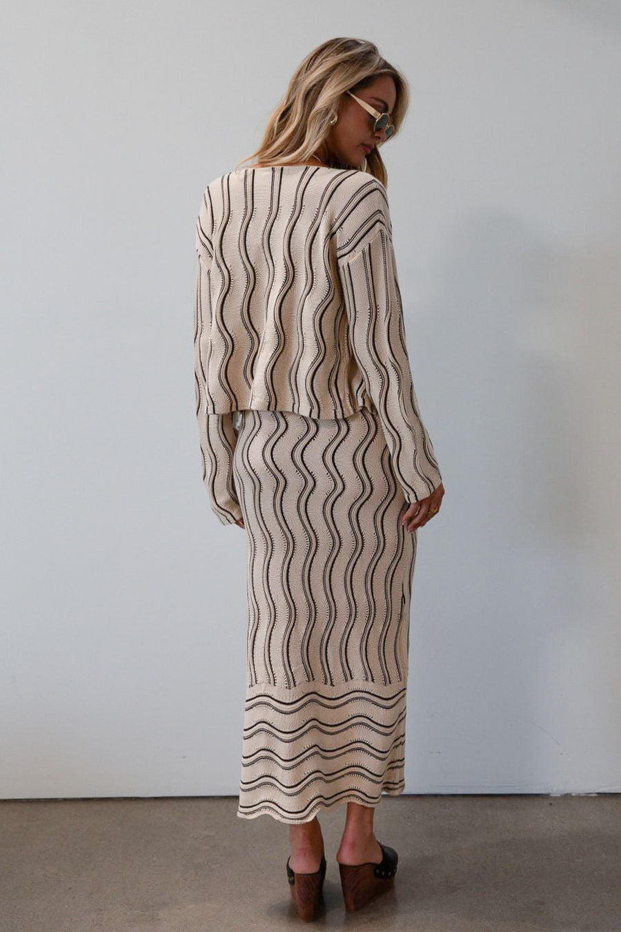 Striped crochet knit cropped cardigan. Long sleeves. Front button down closures. Unlined. Striped crochet knit cropped dress. knit set. fall set. fall outfit. 