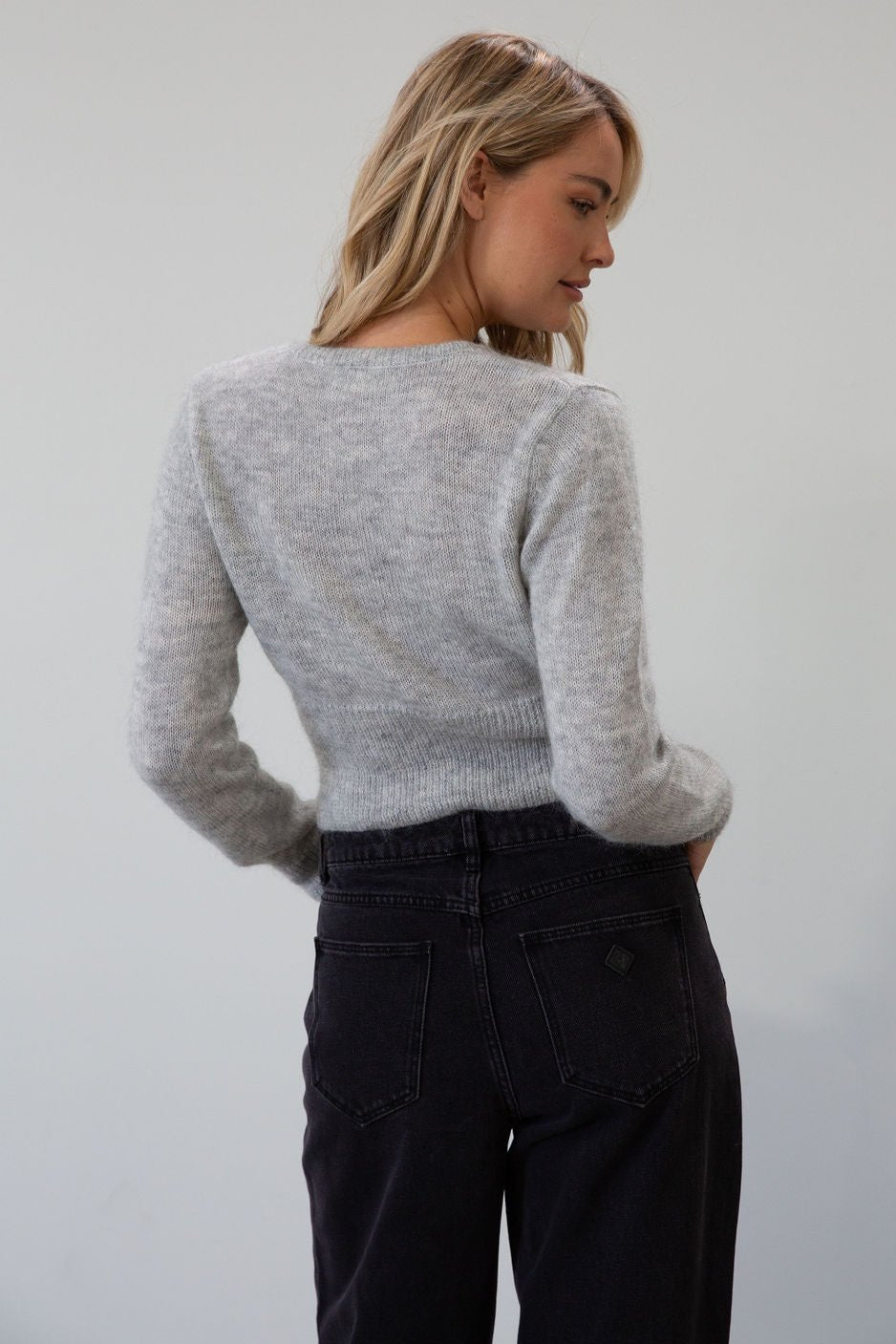 Fuzzy crochet knit sweater. Front tie closures. Long sleeves. Unlined. grey sweater. grey fall sweater. tie front sweater. fall outfit