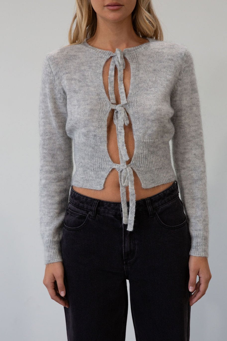 Fuzzy crochet knit sweater. Front tie closures. Long sleeves. Unlined. grey sweater. grey fall sweater. tie front sweater. fall outfit