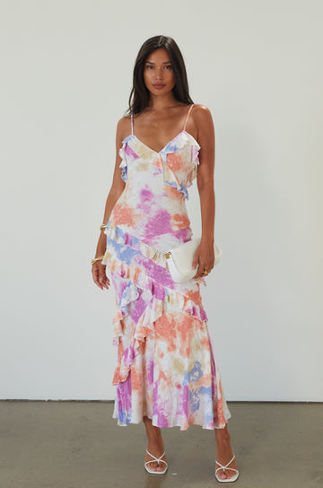 Printed textured woven maxi dress. Adjustable straps. Side hook and eye and zipper closures. Ruffle trim. Unlined. Summer maxi dress. wedding guest dress. 