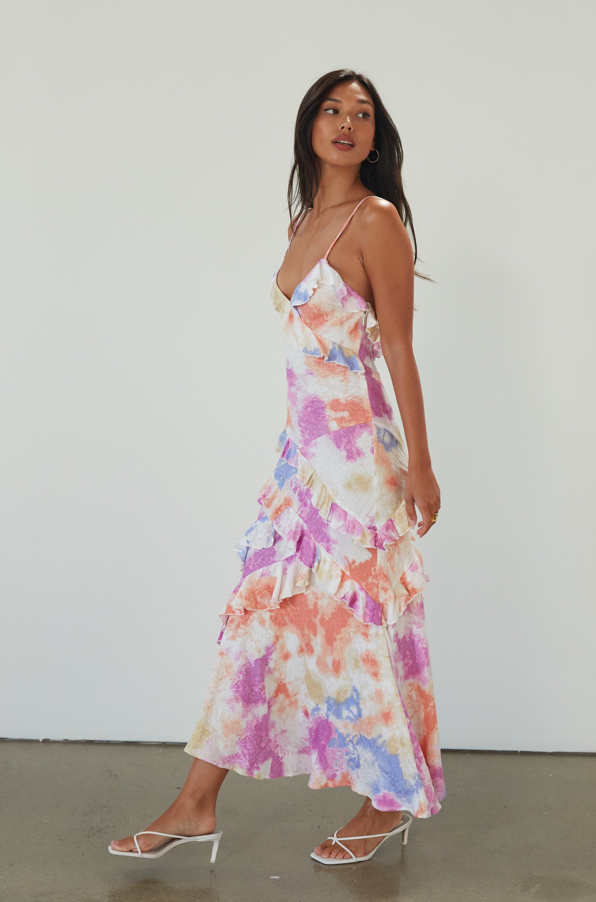 Printed textured woven maxi dress. Adjustable straps. Side hook and eye and zipper closures. Ruffle trim. Unlined. Summer maxi dress. wedding guest dress. 