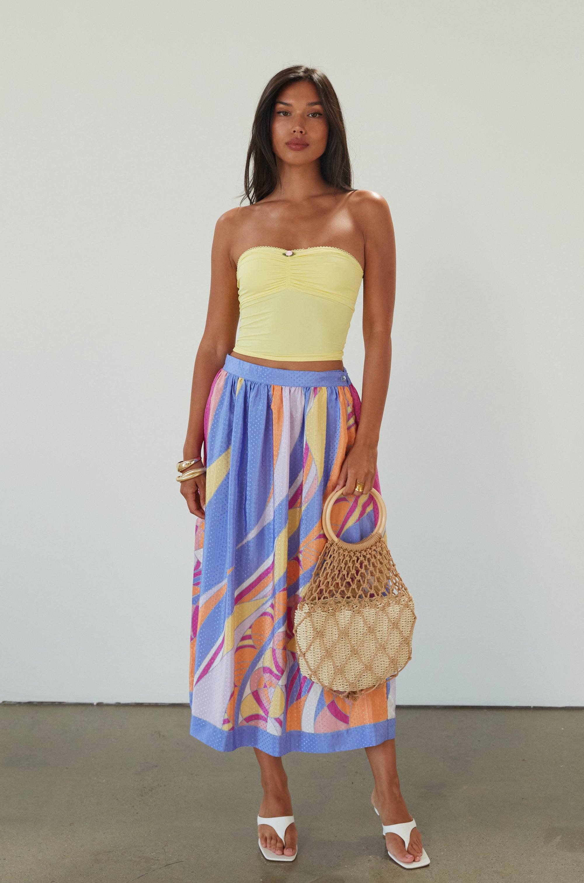 Knit tube top. Elastic neckline. Flower detail. Ruched front. Unlined. yellow tube top. summer top. 