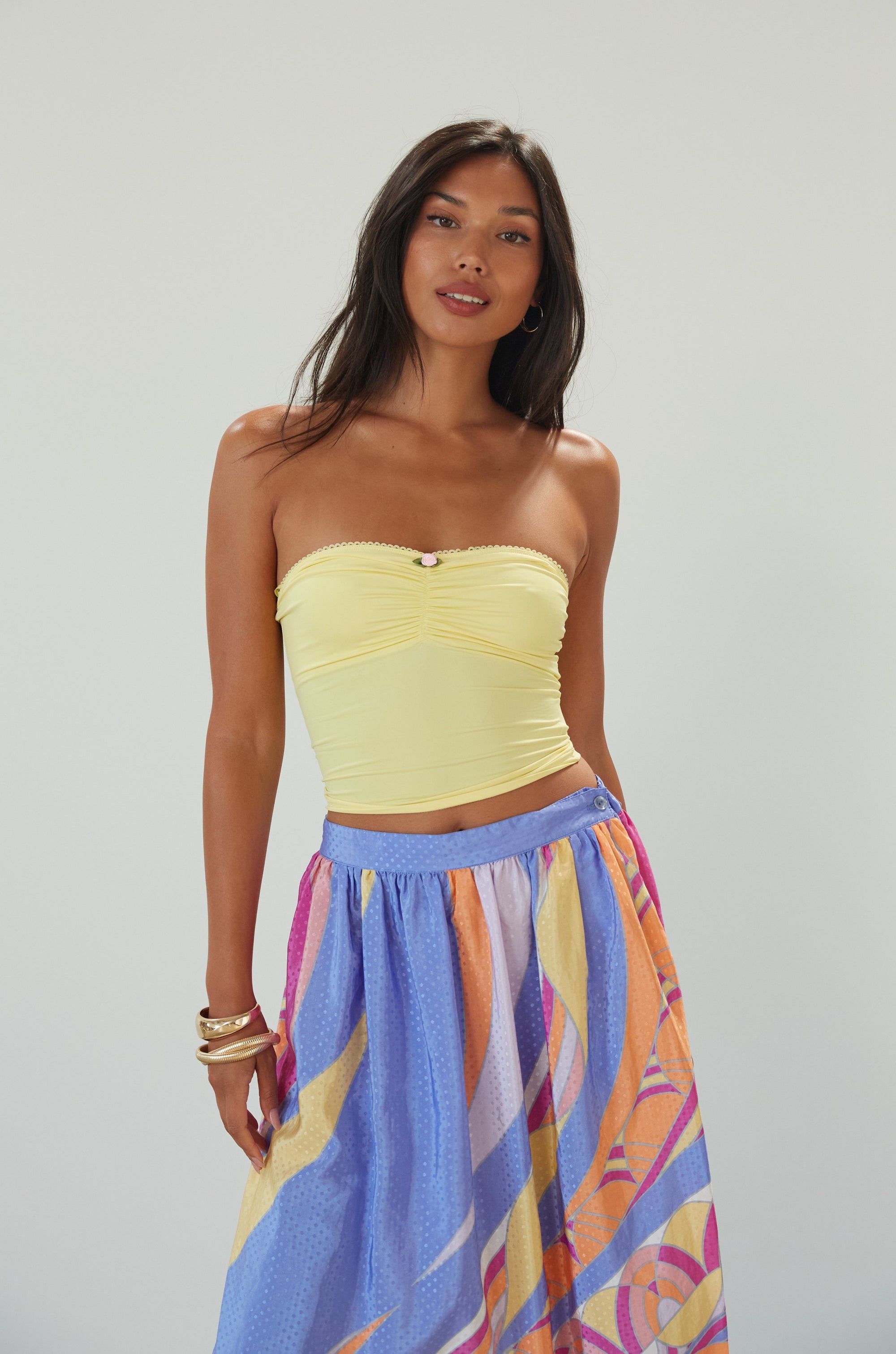 Knit tube top. Elastic neckline. Flower detail. Ruched front. Unlined. yellow tube top. summer top. 