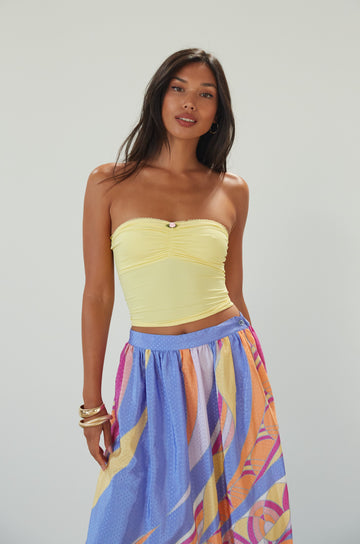 Knit tube top. Elastic neckline. Flower detail. Ruched front. Unlined. yellow tube top. summer top. 