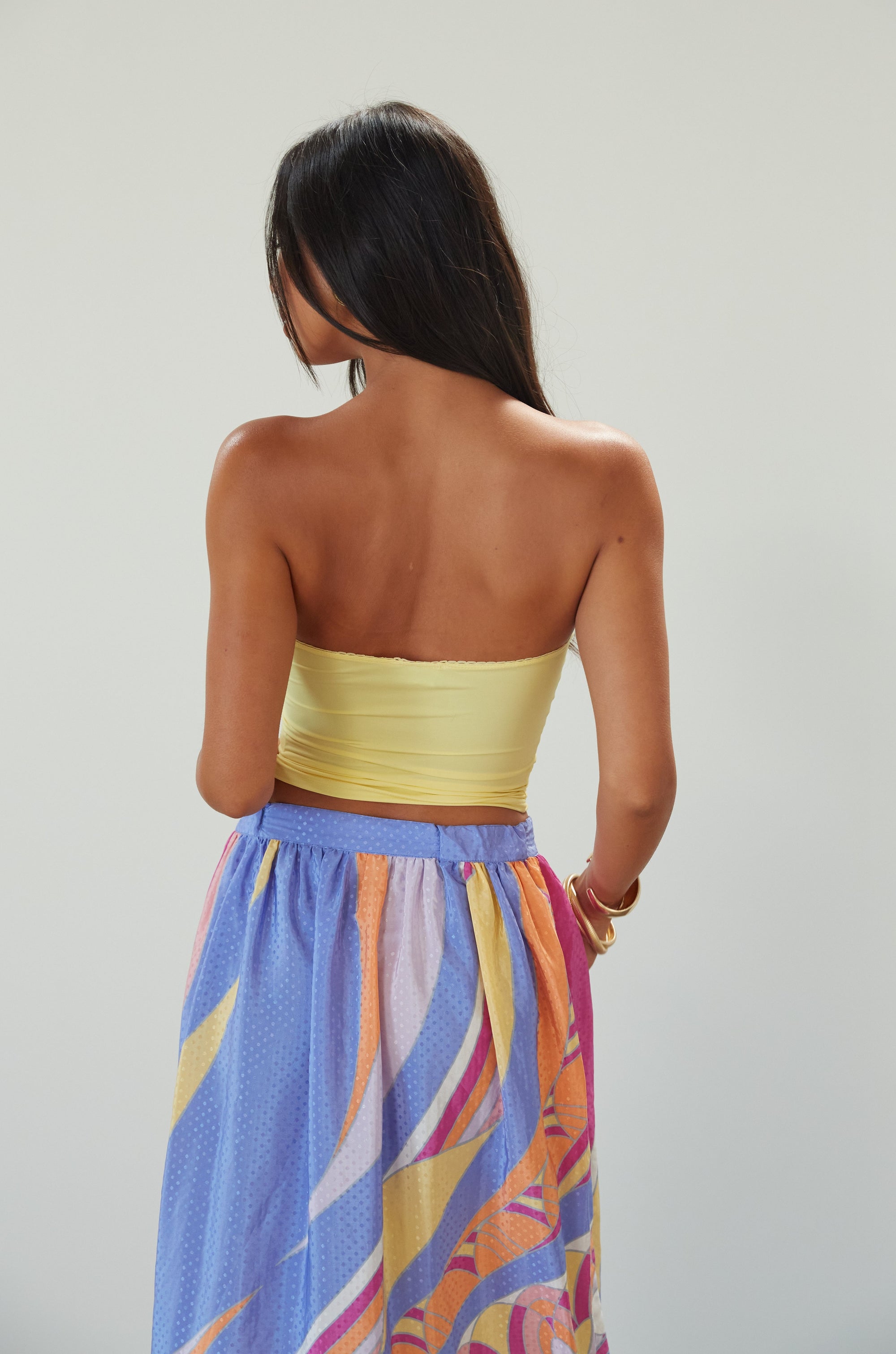 Knit tube top. Elastic neckline. Flower detail. Ruched front. Unlined. yellow tube top. summer top. 