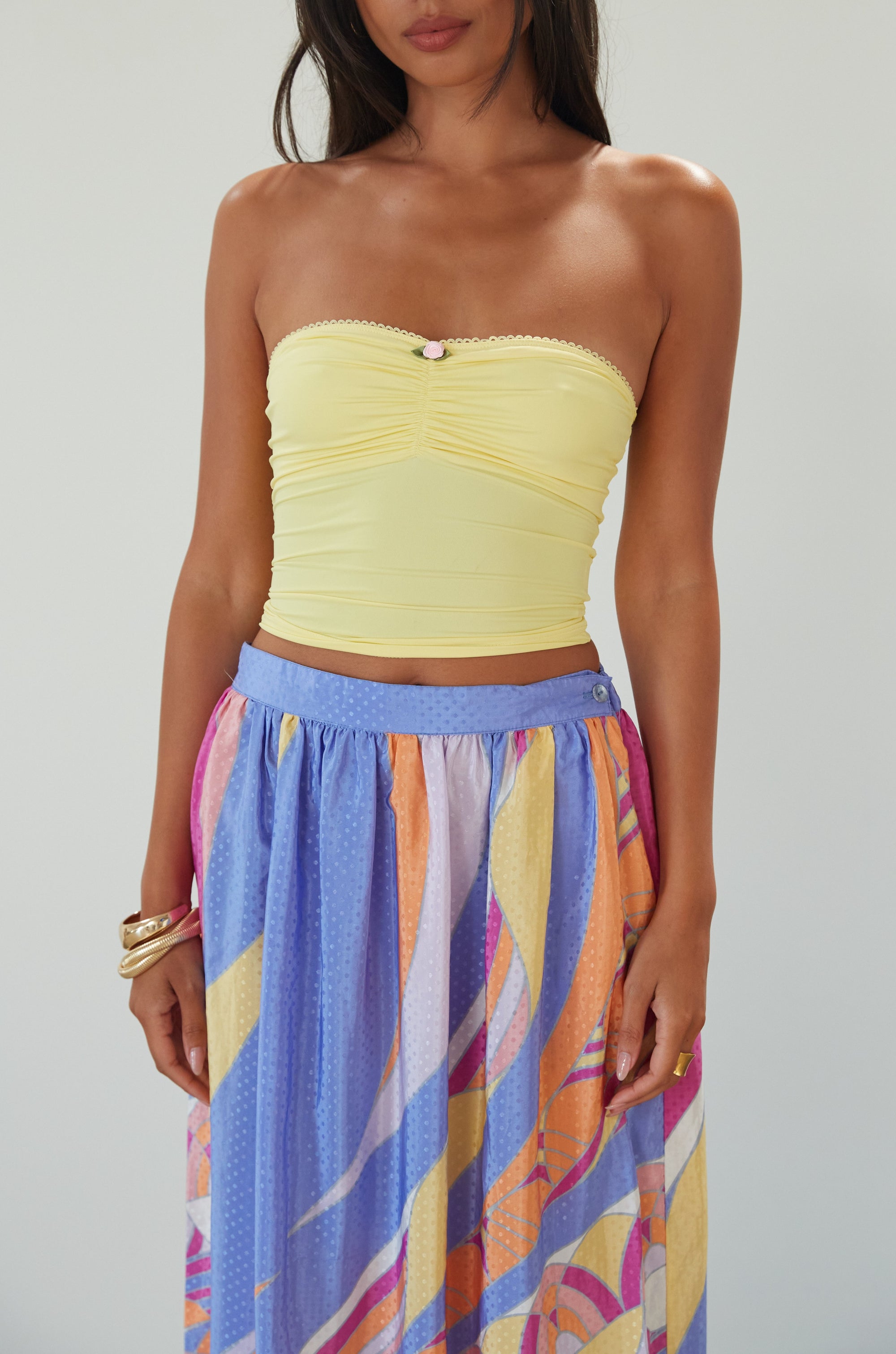 Knit tube top. Elastic neckline. Flower detail. Ruched front. Unlined. yellow tube top. summer top. 