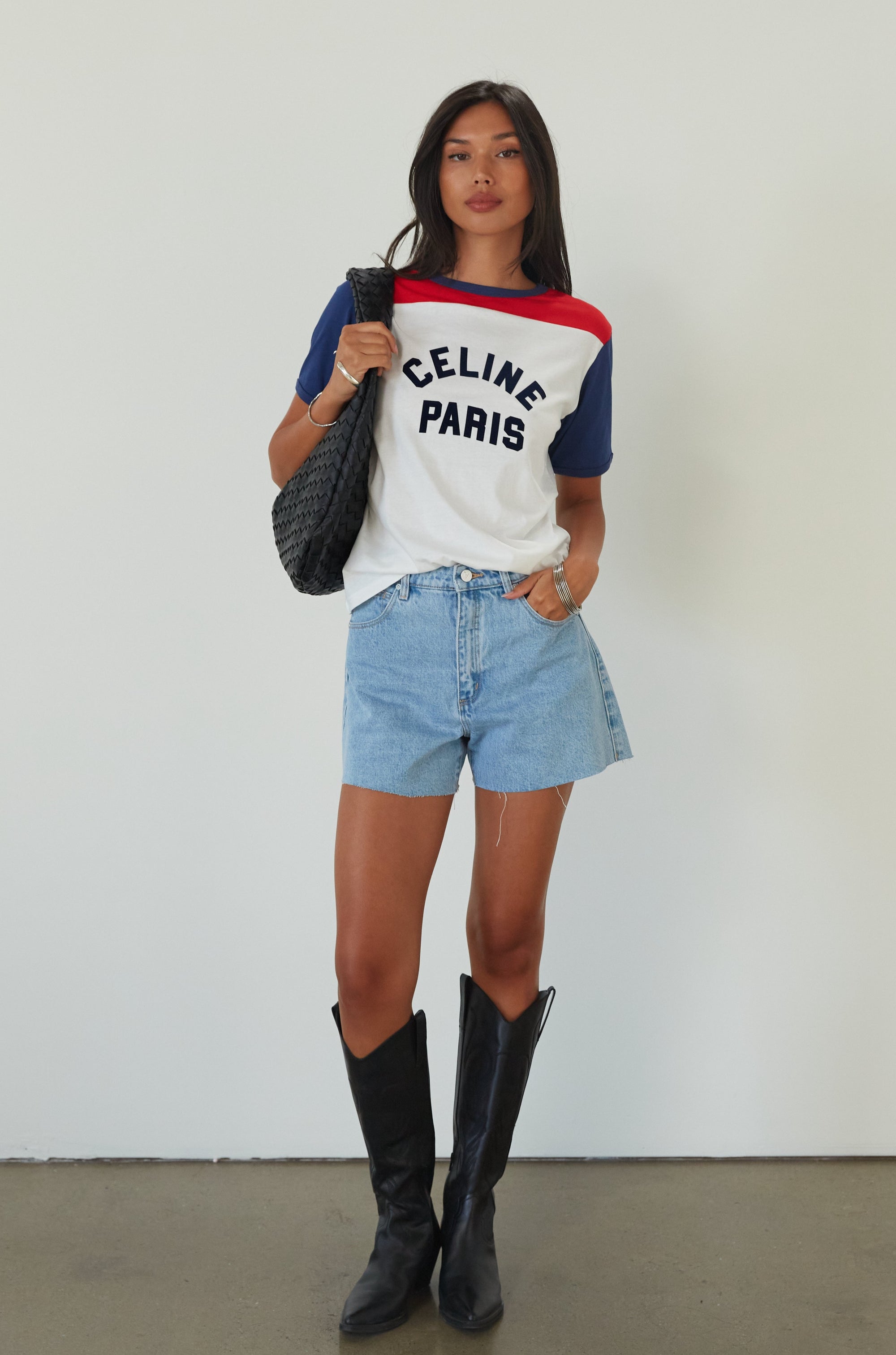 Denim shorts. Button and zipper fly. Five pocket construction. Raw edge hem. Unlined. summer shorts. denim shorts