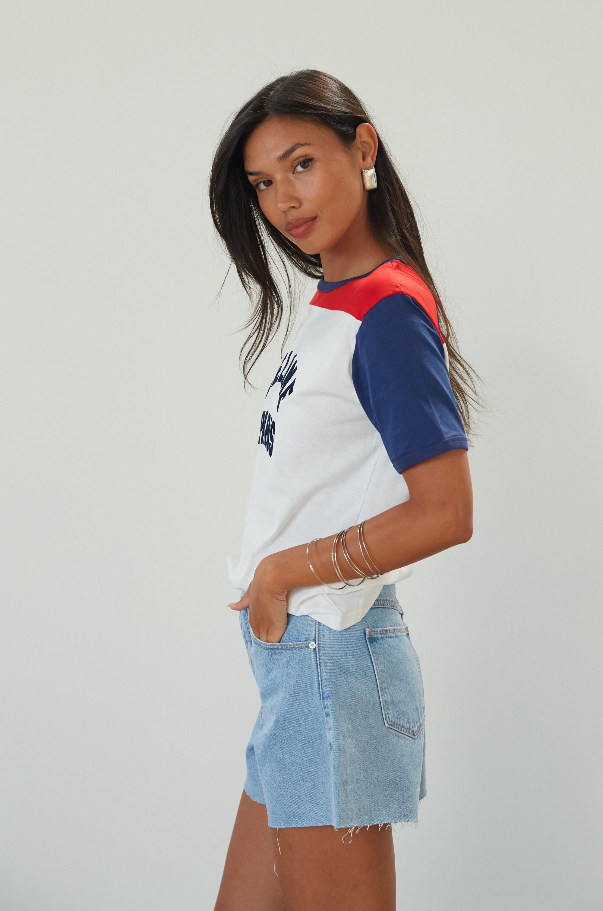 Denim shorts. Button and zipper fly. Five pocket construction. Raw edge hem. Unlined. summer shorts. denim shorts