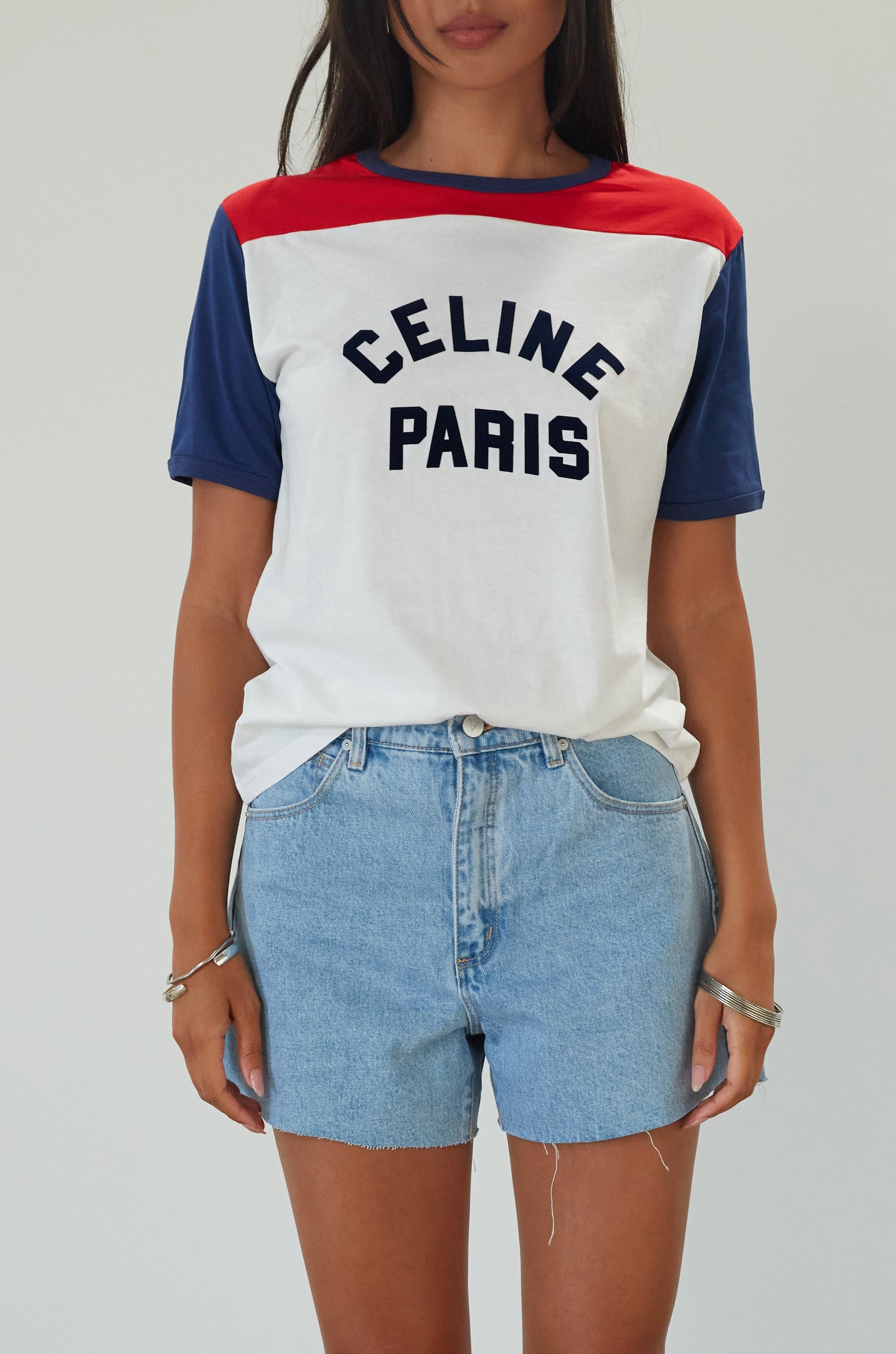 Denim shorts. Button and zipper fly. Five pocket construction. Raw edge hem. Unlined. summer shorts. denim shorts