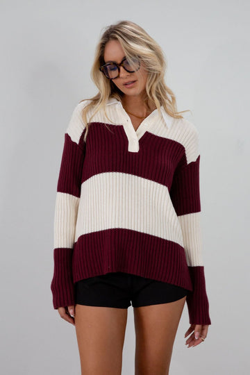 Striped crochet knit sweater. Woven collar neckline. Front button down closures. Unlined. Unlined. sweater polo. fall top. fall outfit
