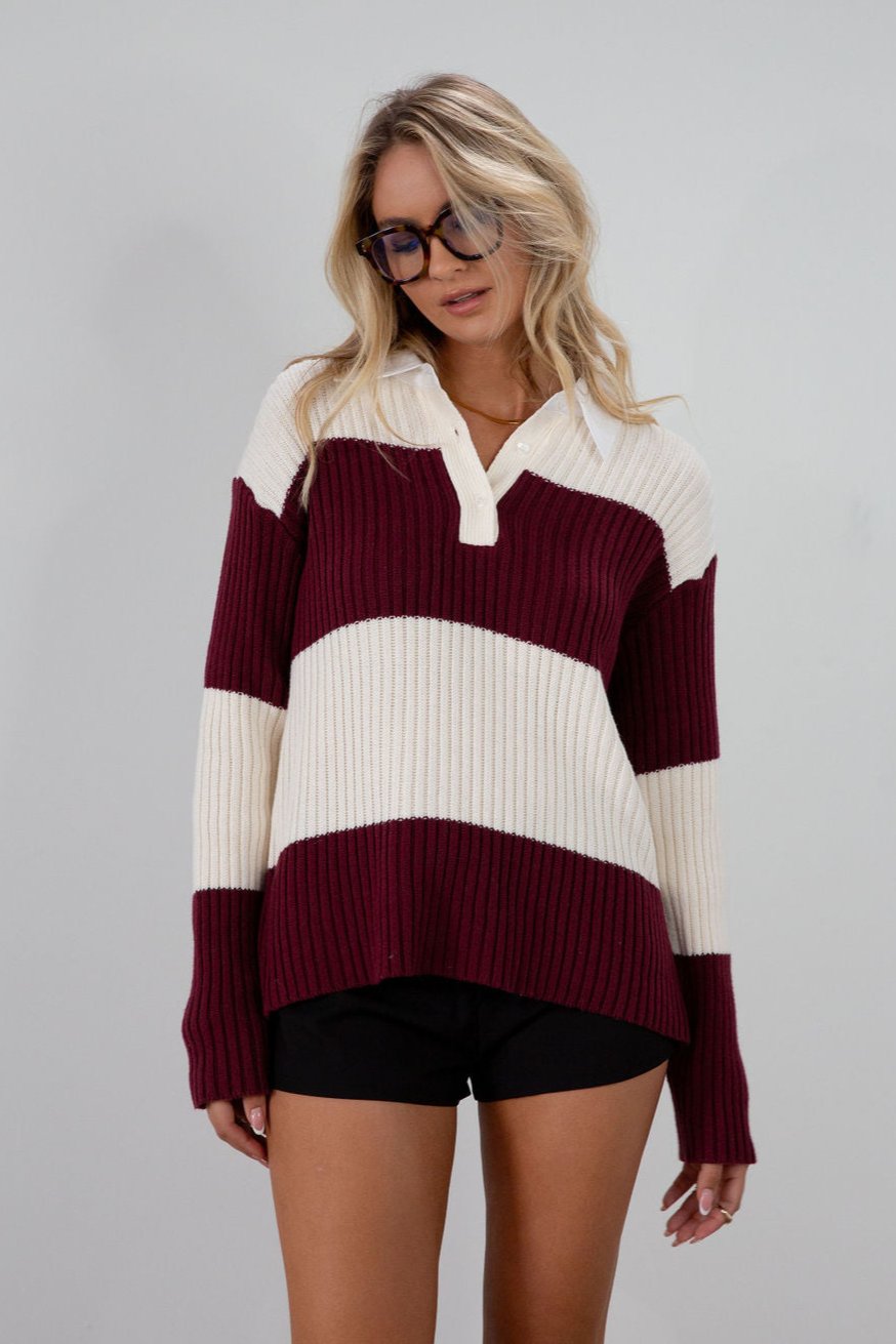 Striped crochet knit sweater. Woven collar neckline. Front button down closures. Unlined. Unlined. sweater polo. fall top. fall outfit
