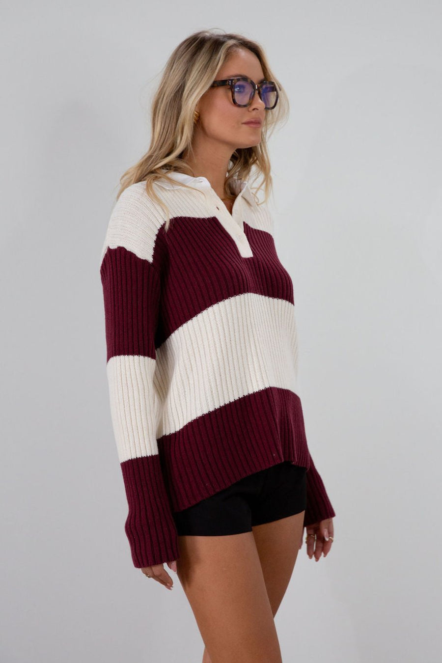 Striped crochet knit sweater. Woven collar neckline. Front button down closures. Unlined. Unlined. sweater polo. fall top. fall outfit
