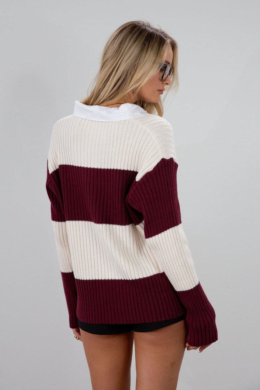 Striped crochet knit sweater. Woven collar neckline. Front button down closures. Unlined. Unlined. sweater polo. fall top. fall outfit
