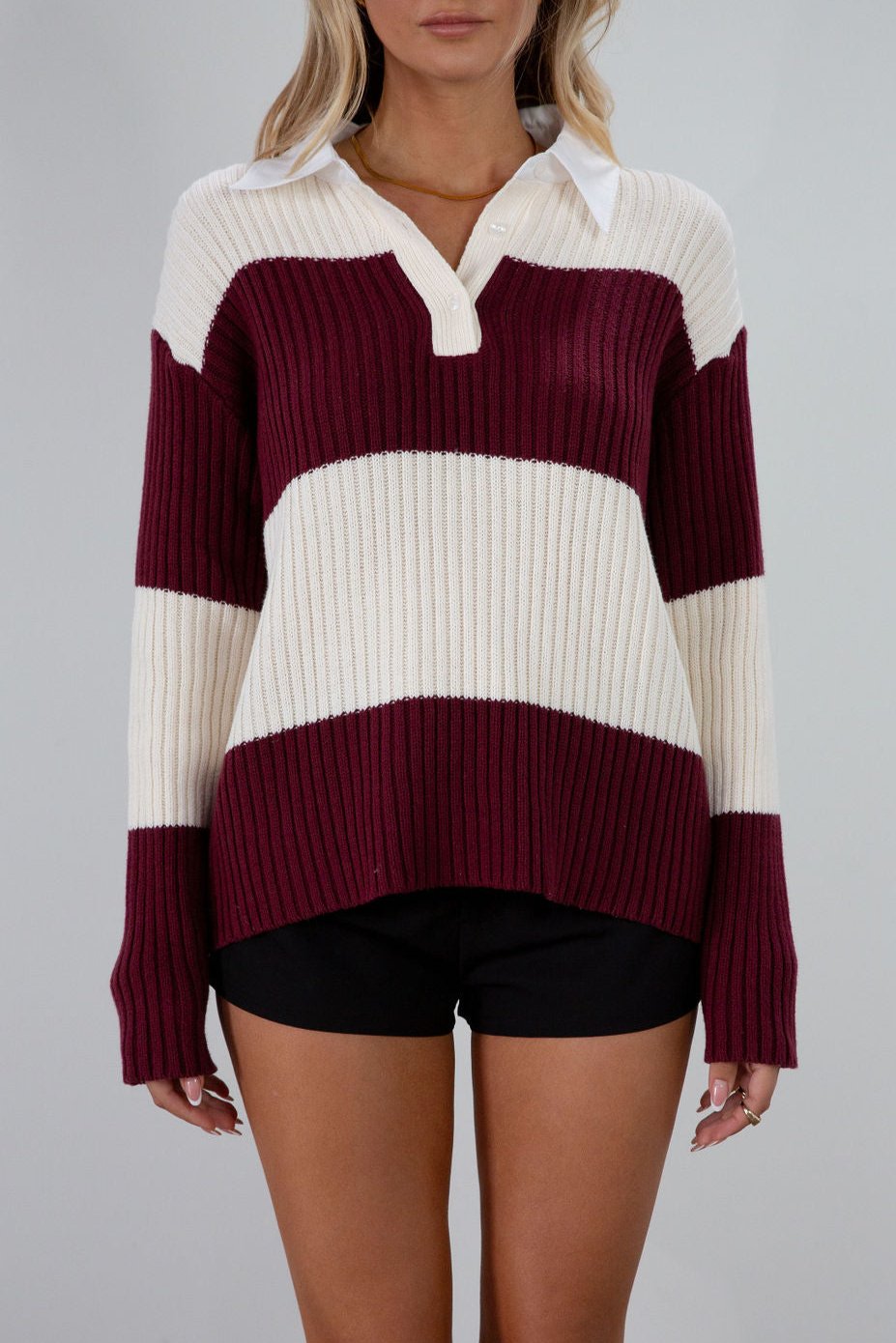 Striped crochet knit sweater. Woven collar neckline. Front button down closures. Unlined. Unlined. sweater polo. fall top. fall outfit

