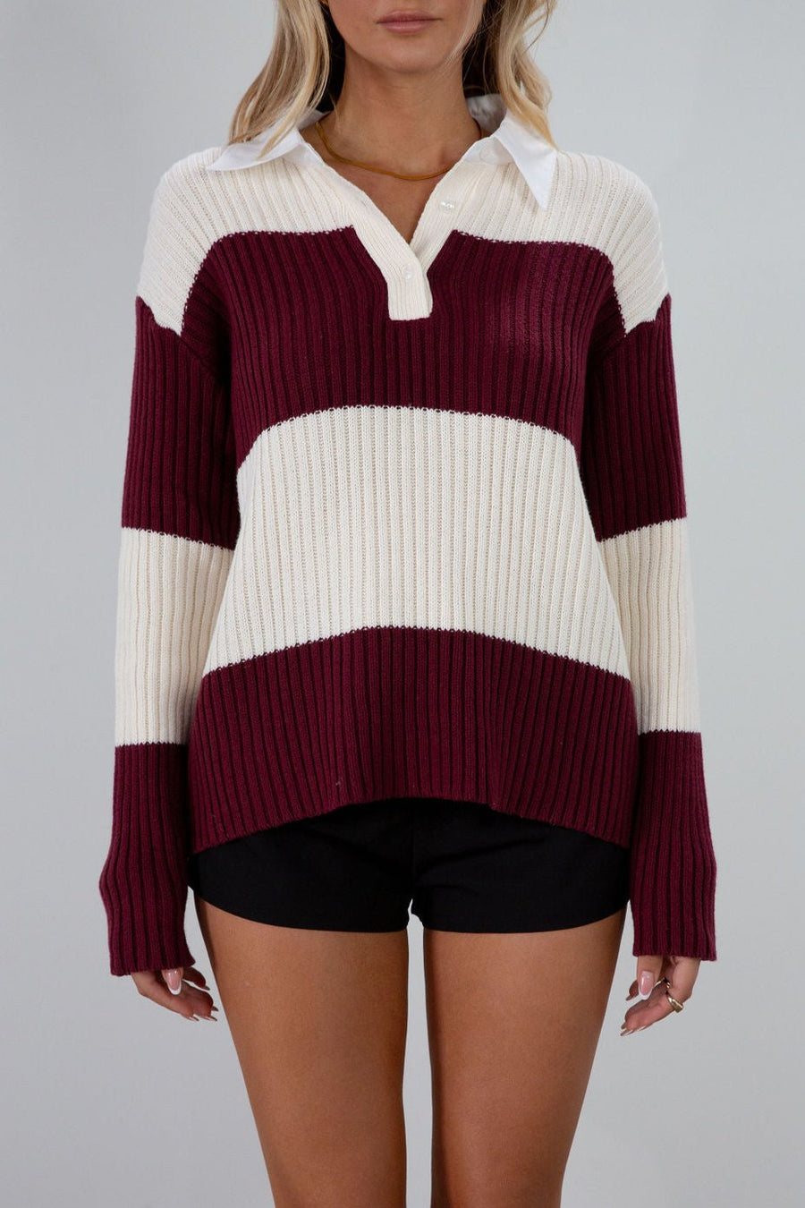 Striped crochet knit sweater. Woven collar neckline. Front button down closures. Unlined. Unlined. sweater polo. fall top. fall outfit
