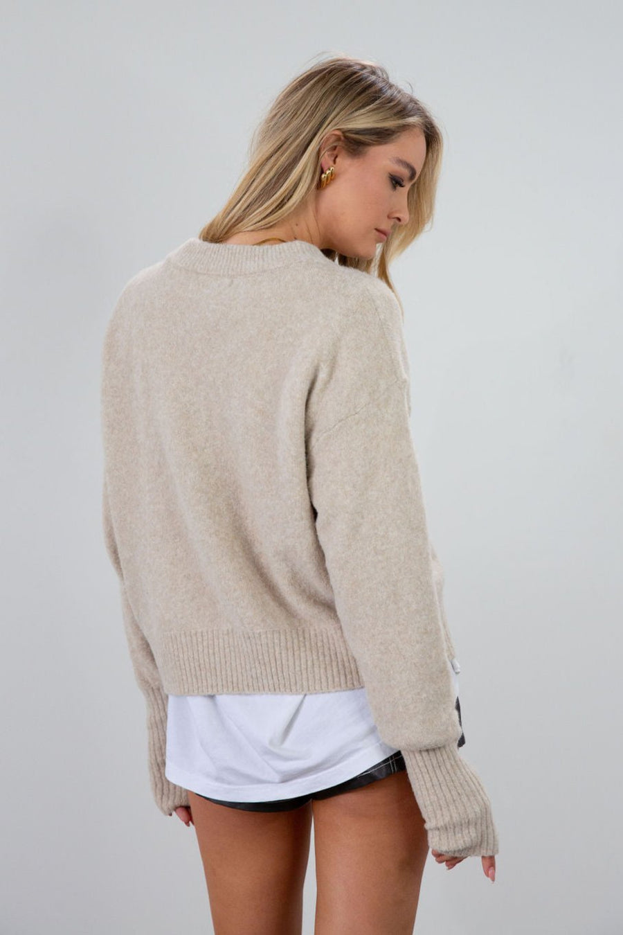 Fuzzy heather knit sweater. Crewneck. Long sleeves. Unlined. beige sweater. fall outfit. fall sweater.
